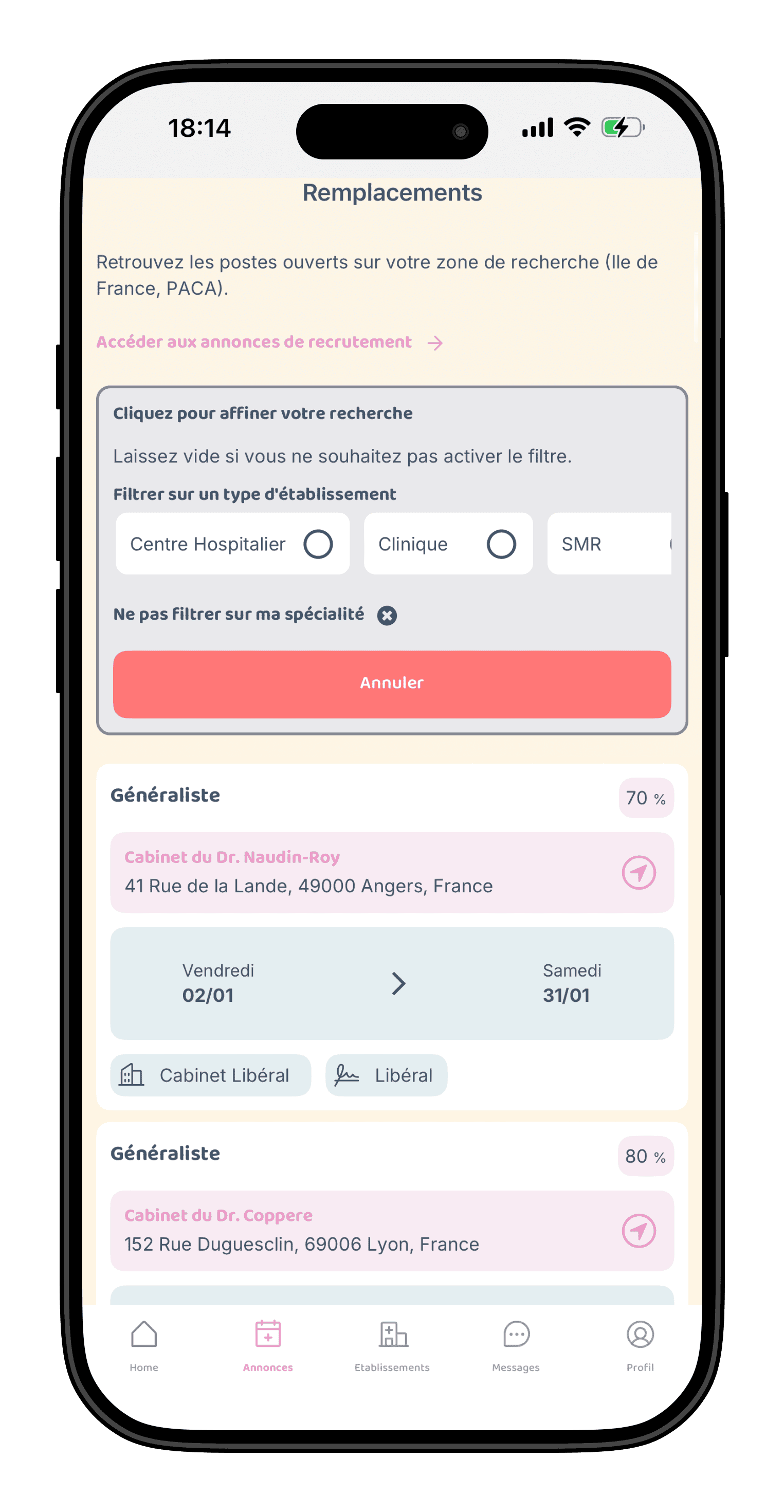 Liste des annonces de remplacement dans l'app Hoppi