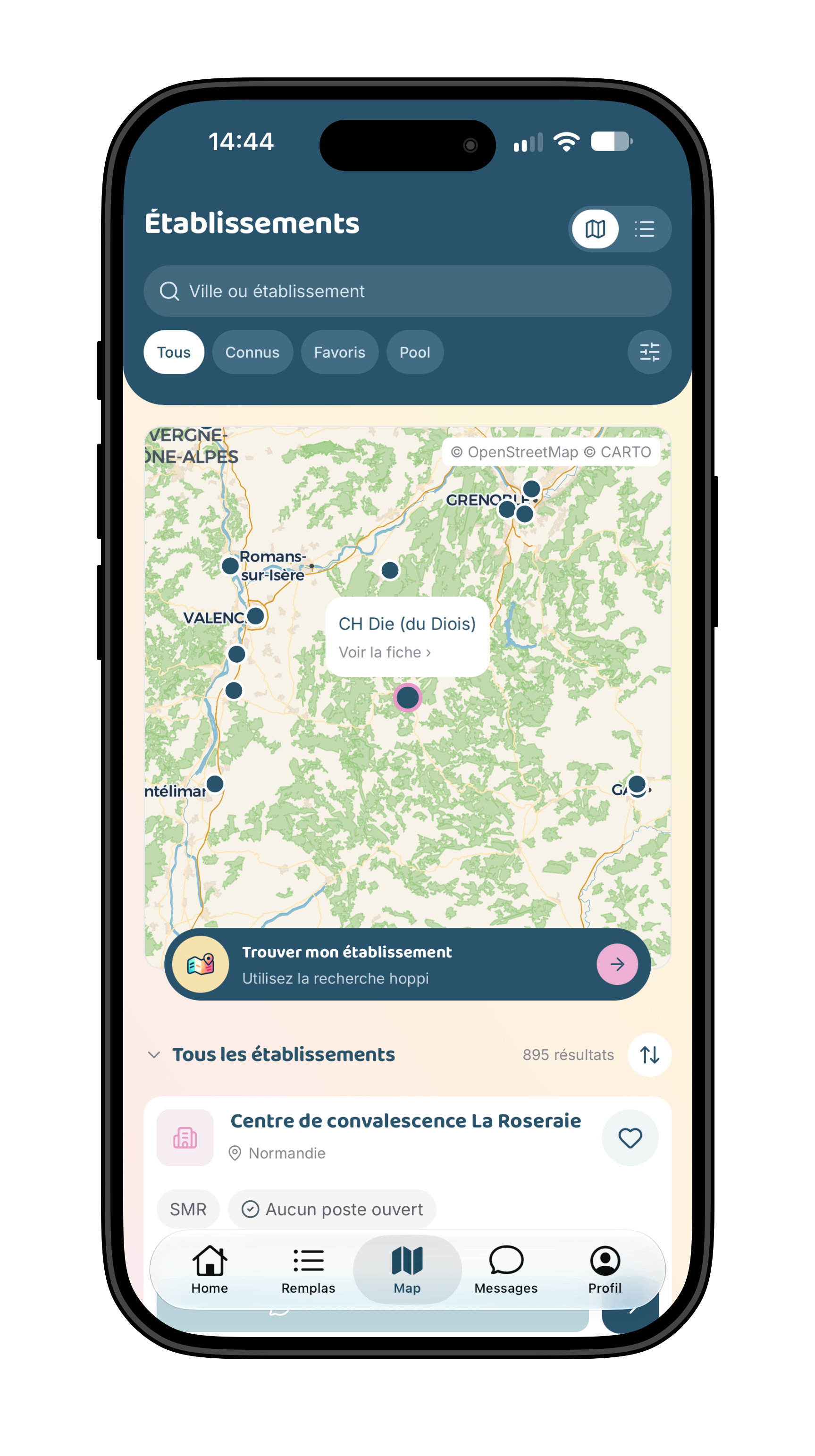 Liste des établissements sur la carte Hoppi