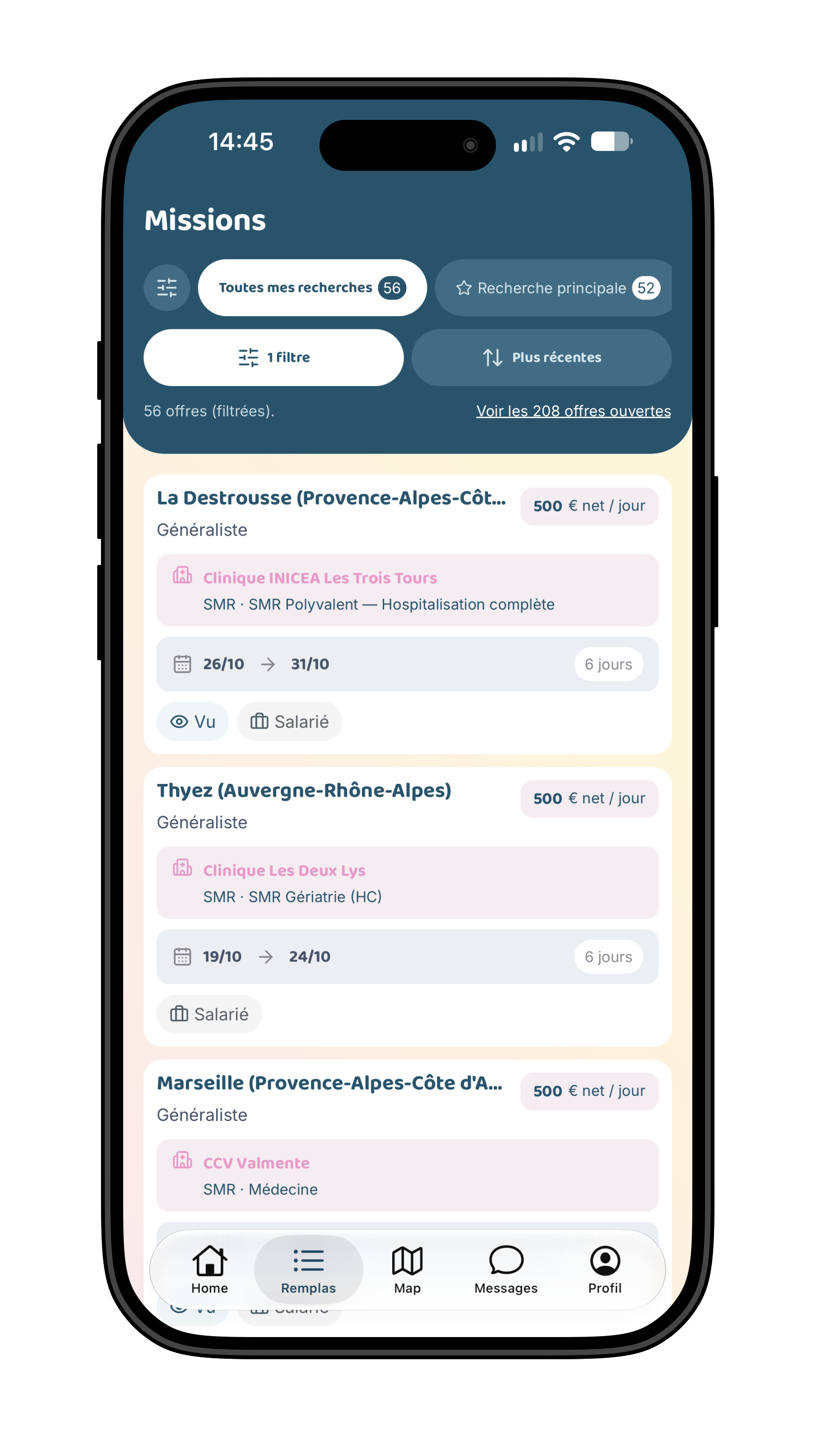 Liste des annonces de remplacement dans l'app Hoppi